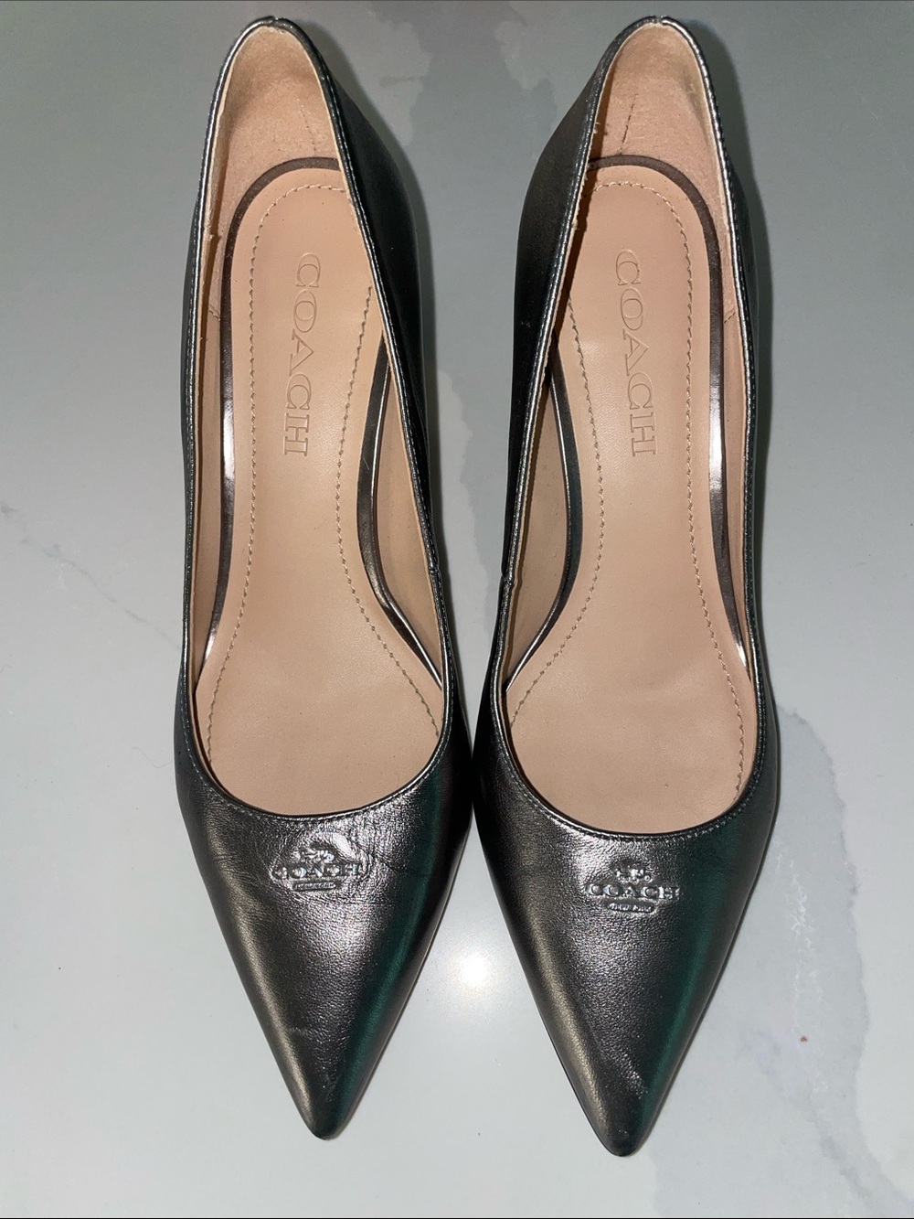 Coach metallic Orla Leather Pointed Toe Pumps with Embossed Logo. 6.5